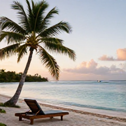 Caribbean Holidays, Guadeloupe Wellness, Quiet tropical beach in Guadeloupe at sunrise, with calm turquoise water, palm trees and a comfortable beach lounger