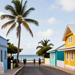 Caribbean Holidays, Guadeloupe Wellness, Relaxed Guadeloupe coastal village in February, palm-lined street, colourful houses, calm sea and visitors strolling at an easy pace