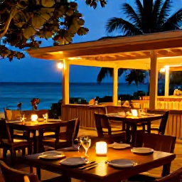 Caribbean Holidays, Guadeloupe Wellness, Relaxed Guadeloupe evening at an outdoor restaurant, Creole food, warm lights and tropical surroundings