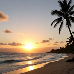 Caribbean Holidays, Guadeloupe Wellness, Relaxed sunset over a Guadeloupe beach with gentle waves, palm silhouettes and warm evening light