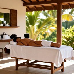 Caribbean Holidays, Guadeloupe Wellness, Relaxing spa treatment in a bright tropical Guadeloupe setting with natural materials, greenery and soft sunlight