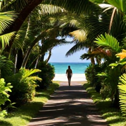 Caribbean Holidays, Guadeloupe Wellness, Shaded coastal path through lush Guadeloupe vegetation leading towards a quiet beach, suitable for a peaceful mindful walk
