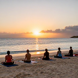 Caribbean Holidays, Guadeloupe Wellness, Sunset yoga session on a quiet Guadeloupe beach with mats facing the sea