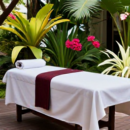Caribbean Holidays, Guadeloupe Wellness, Traditional Guadeloupe spa treatment in a peaceful garden, massage table, tropical flowers and soft natural light