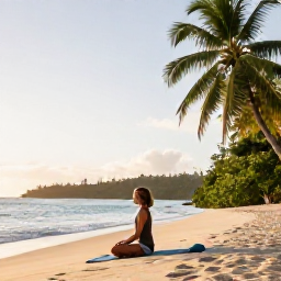 Caribbean Holidays, Guadeloupe Wellness, Traveller enjoying a peaceful yoga session on a Guadeloupe beach, tropical greenery, calm sea and early morning light