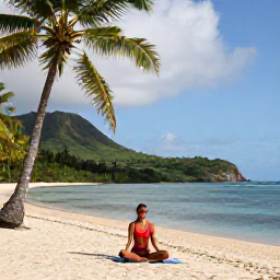 Caribbean Holidays, Guadeloupe Wellness, Traveller practising yoga on a quiet Guadeloupe beach with palm trees, calm water and green hills in the background