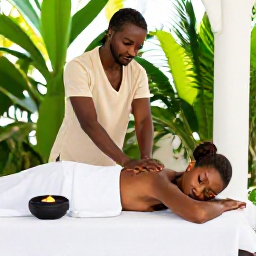 Caribbean Holidays, Guadeloupe Wellness, Traveller receiving a relaxing massage at a bright tropical spa in Guadeloupe, with natural materials and leafy plants