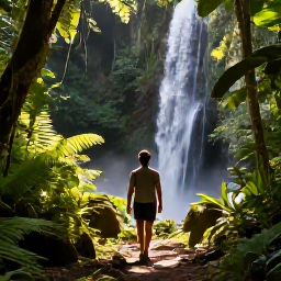 Caribbean Holidays, Guadeloupe Wellness, Traveller walking along a lush forest trail in Guadeloupe near a waterfall, dappled sunlight and tropical plants