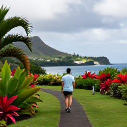 Caribbean Holidays, Guadeloupe Wellness, Traveller walking slowly along a green coastal path in Guadeloupe, with tropical plants, volcanic hills and views towards the sea