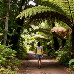 Caribbean Holidays, Guadeloupe Wellness, Traveller walking through lush Guadeloupe rainforest on a shaded path with ferns and tropical trees