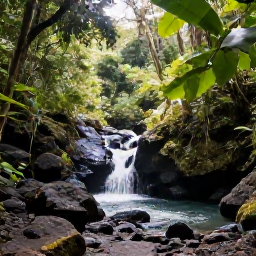 Caribbean Holidays, Guadeloupe Wellness, Verdant Guadeloupe rainforest trail with a gentle waterfall, volcanic rocks and sunlight through leaves