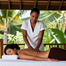 Caribbean Holidays, Guadeloupe Wellness, Wellness traveller receiving a relaxing massage in an open-air spa surrounded by tropical greenery in Guadeloupe