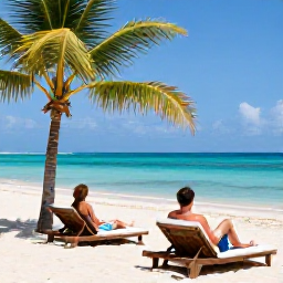 Caribbean Holidays, Haiti Adults Only, Couple relaxing on a quiet Haitian beach with turquoise water, palm trees and comfortable sun loungers