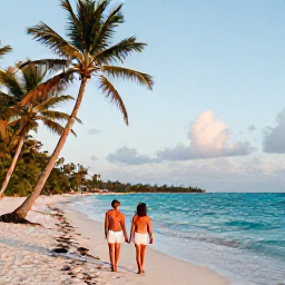 Caribbean Holidays, Haiti Adults Only, Couple walking along a peaceful Haitian beach in July, with soft golden light, palm trees and clear Caribbean water