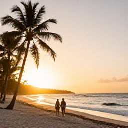 Caribbean Holidays, Haiti Adults Only, Couple walking along a quiet Haitian beach at sunset in April, with warm golden light, palm trees and gentle waves