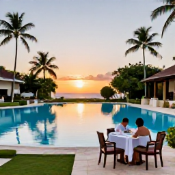 Caribbean Holidays, Haiti Adults Only, Elegant adults-only hotel in Haiti at sunset, with a swimming pool, tropical gardens and a couple dining outdoors
