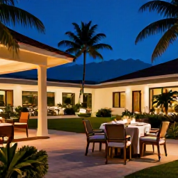 Caribbean Holidays, Haiti Adults Only, Elegant adults-only resort terrace in Haiti at evening, with tropical gardens, soft lighting and an outdoor dining table