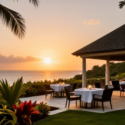 Caribbean Holidays, Haiti Adults Only, Elegant adults-only resort terrace in Haiti at sunset, with outdoor dining, tropical plants and warm evening light