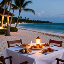 Caribbean Holidays, Haiti Adults Only, Haitian seafood dinner served at a beachfront table at dusk, with lanterns, tropical surroundings and the sea beyond