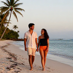 Caribbean Holidays, Haiti Adults Only, Happy couple walking along a peaceful Haitian beach in warm evening light, with calm sea and palm trees