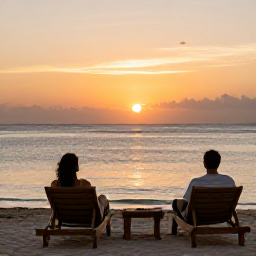 Caribbean Holidays, Haiti Adults Only November, Couple relaxing beside a quiet Haitian beach at sunset, with comfortable loungers, calm water and a peaceful adults-only atmosphere