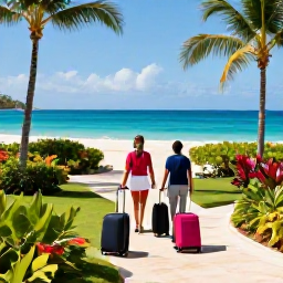 Caribbean Holidays, Haiti Adults Only November, Travellers arriving at a Haitian adults-only beach resort in November, with luggage, tropical gardens and a welcoming coastal setting