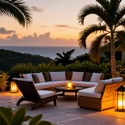 Caribbean Holidays, Haiti Adults Only, Peaceful adults-only resort terrace in Haiti at sunset, with comfortable seating, warm lantern light and tropical foliage
