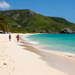 Caribbean Holidays, Haiti Adults Only, Travellers relaxing on a quiet Haitian beach in June, with turquoise water, golden sand and lush green hills in the background
