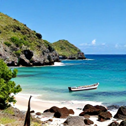Caribbean Holidays, Haiti Adventure, A lively Haitian coastal landscape in September, with turquoise sea, rugged hills and a small fishing boat near shore