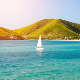 Caribbean Holidays, Haiti Adventure, Colourful Haitian coastline with turquoise Caribbean water, green hills and a small sailing boat in warm January sunshine