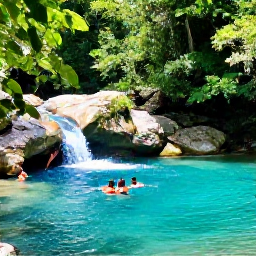 Caribbean Holidays, Haiti Adventure Holidays, A clear turquoise waterfall pool in Haiti surrounded by green forest, with visitors swimming beside smooth rocks