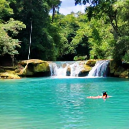 Caribbean Holidays, Haiti Adventure Holidays, A clear turquoise waterfall pool surrounded by lush forest in Haiti with visitors swimming nearby