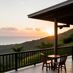Caribbean Holidays, Haiti Adventure Holidays, A comfortable Haitian guesthouse terrace overlooking green hills and the Caribbean Sea at sunset