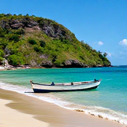 Caribbean Holidays, Haiti Adventure Holidays, A lively Haitian coastal scene in May, with turquoise sea, green hills and a small traditional fishing boat near shore