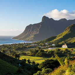 Caribbean Holidays, Haiti Adventure Holidays, A panoramic view of Haiti's rugged mountains, tropical countryside and bright Caribbean coastline in warm morning light