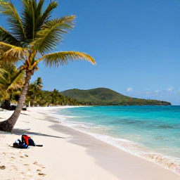 Caribbean Holidays, Haiti Adventure Holidays, A peaceful Haitian beach in May with clear blue water, palm trees, snorkelling equipment and low green hills in the background