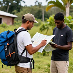 Caribbean Holidays, Haiti Adventure Holidays, A prepared traveller with a daypack checking a map beside a local guide in Haiti's tropical countryside