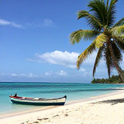 Caribbean Holidays, Haiti Adventure Holidays, A quiet Haitian beach with turquoise water, palm trees and a small traditional boat on the shore