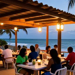 Caribbean Holidays, Haiti Adventure Holidays, A relaxed evening in Haiti with travellers dining at an outdoor restaurant, warm lantern light and a tropical coastal setting