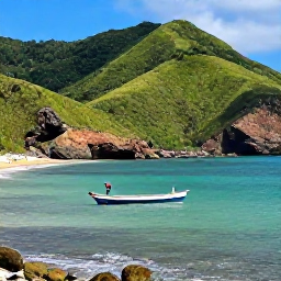 Caribbean Holidays, Haiti Adventure Holidays, A rugged Haitian coastline in November with turquoise water, green hills and a small traditional fishing boat