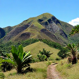 Caribbean Holidays, Haiti Adventure Holidays, A rugged Haitian mountain landscape in June, with green hills, tropical vegetation and a clear trail beneath a bright Caribbean sky