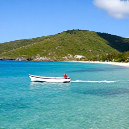 Caribbean Holidays, Haiti Adventure Holidays, A small boat crossing clear turquoise water towards a quiet Haitian coastline with green hills in the background