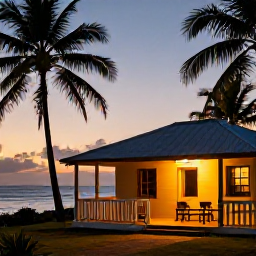 Caribbean Holidays, Haiti Adventure Holidays, A small comfortable guesthouse near Haiti's coast at sunset, with palm trees, warm light and a welcoming outdoor terrace