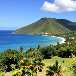Caribbean Holidays, Haiti Adventure Holidays, A wide Caribbean view of Haiti in February, showing green mountains, a sunny coastline and clear blue sea