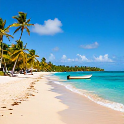 Caribbean Holidays, Haiti Adventure Holidays, Clear turquoise water and a sandy beach near &Icirc;le-&agrave;-Vache, Haiti, with a small boat and palm trees in the sunshine