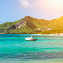Caribbean Holidays, Haiti Adventure Holidays, Colourful Haitian coastline with turquoise water, a small boat and green hills under warm July sunshine
