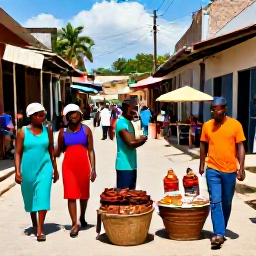 Caribbean Holidays, Haiti Adventure Holidays, Colourful Haitian market street with local food, handmade crafts and friendly people in bright daylight