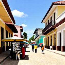 Caribbean Holidays, Haiti Adventure Holidays, Colourful Jacmel street in Haiti with historic architecture, local crafts, market stalls and visitors exploring in warm June sunshine