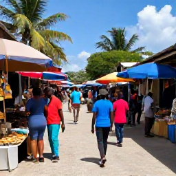 Caribbean Holidays, Haiti Adventure Holidays, Friendly travellers enjoying a colourful Haitian market street with local food, crafts and tropical surroundings