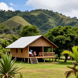 Caribbean Holidays, Haiti Adventure Holidays, Friendly travellers relaxing at a secure eco-lodge in Haiti after a day of hiking, with tropical hills in the background